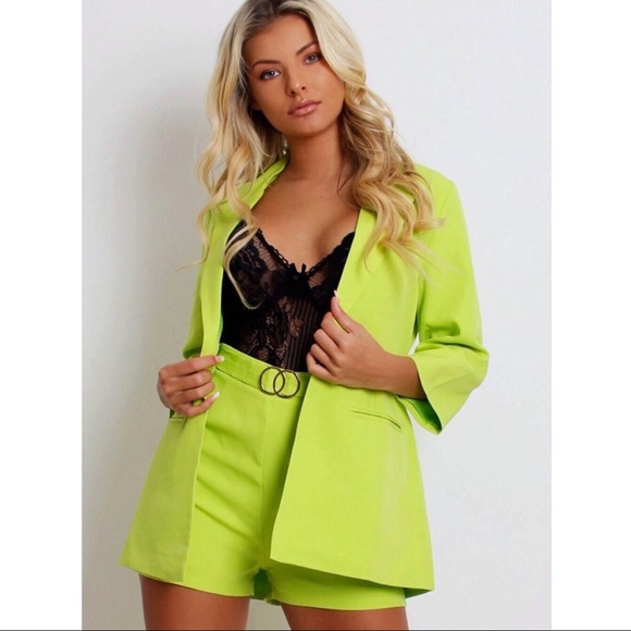 Neon Green Two Piece Blazer and Shorts Suit - Picture 2 of 6